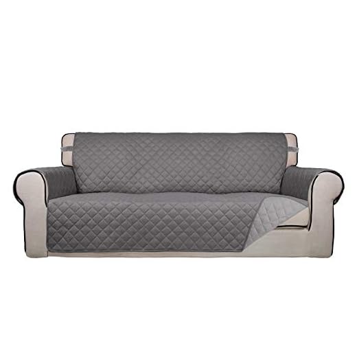 PureFit Reversible Quilted Sofa Cover, Water Resistant Slipcover Furniture Protector, Washable Couch Cover with Non Slip Foam and Elastic Straps for Kids, Dogs, Pets (Sofa, Gray/LightGray)