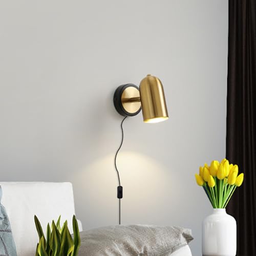 Aplique de pared LED negro y oro de 350° con enchufe e interruptor para dormitorio 7