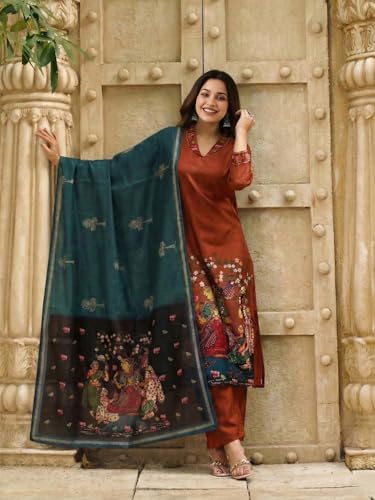 Image of GoSriKi Women Viscose Blend Printed Straight Kurta with Pant and Dupatta | Ladies Kurta Pant Dupatta Set | Women Ethnic Wear Dress | Indian Traditional Clothing for Girl