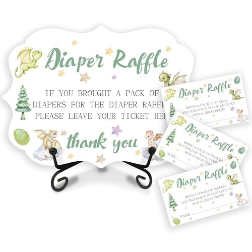 Image of 5x7 Inch Diaper Raffle Wooden Sign & 50 Diaper Raffle Tickets for Baby Shower - Watercolor Dragon Wooden Sign Baby Shower Decorations, Announcement, Gender Reveal Parties Game Set - A09