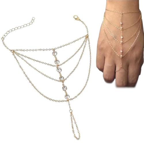 Boho Fingerring Handschmuck Gold Strass Sklave Kettenarmband Vintage Layered Quaste Armband Personalisieren Handkette Schmuck Wahrsagerin Kostüm für Frauen und Mädchen...