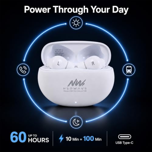 Image of Bluetooth 5.3 True Wireless Earbuds with ENC Noise Reduction, 60 Hours Total Playback, USB Type-C Fast Charging, Touch Control, Deep Bass Stereo Sound, Wireless Earphones White