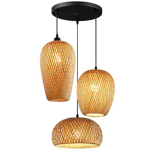 GCQ Bamboo Pendant Lights,3 Headlights E26 E27 Retro Rustic Bamboo Wicker Rattan Weaved Chandelier Lamp Shade Light Fixture Ceiling Hanging Light for Bedroom Restaurant Cafe Farmhouse Teahouse Club