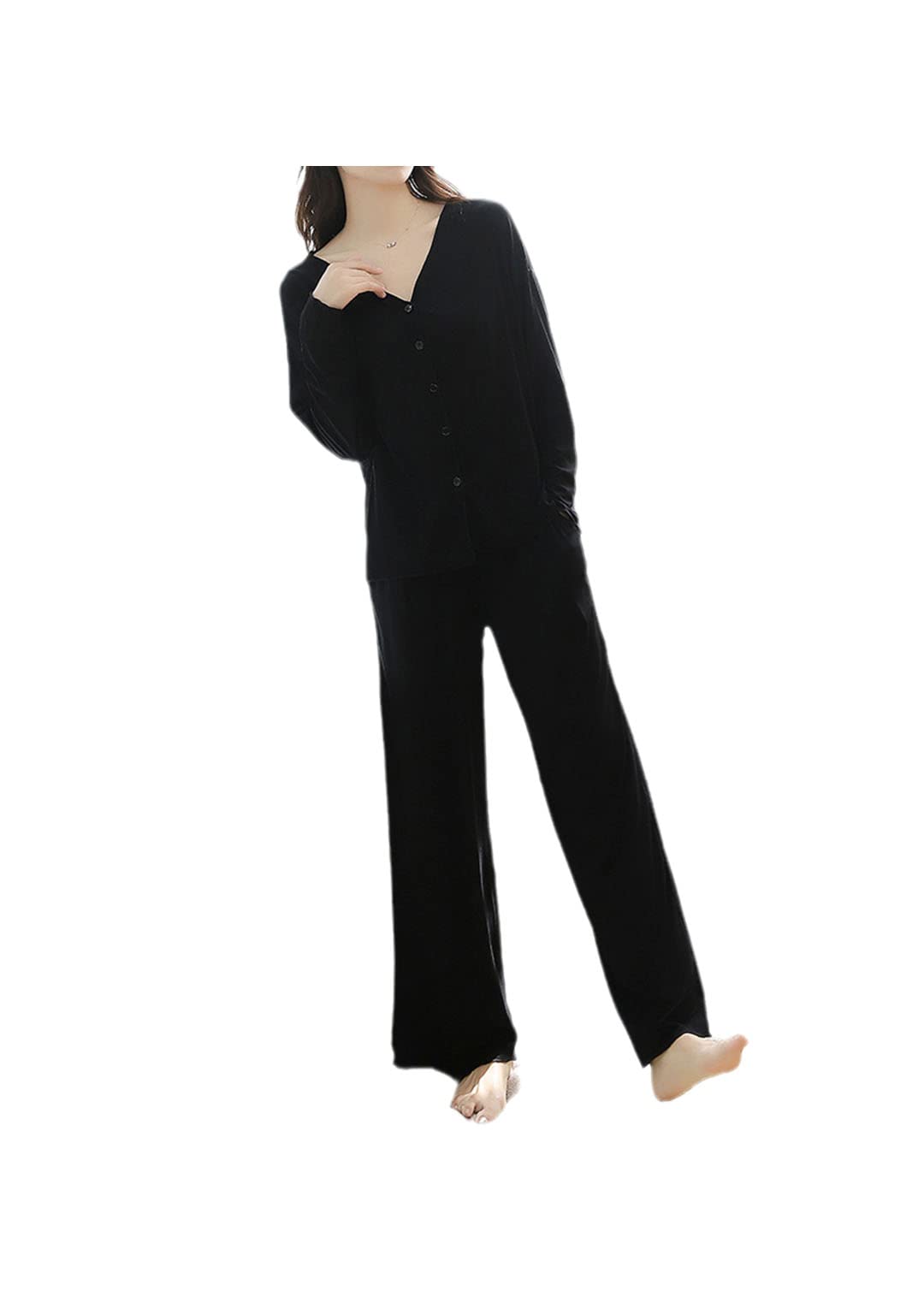 Conjunto de pijama de algodón suelto de manga larga para mujer, casual, otoño, invierno, cuello en V, Negro, M