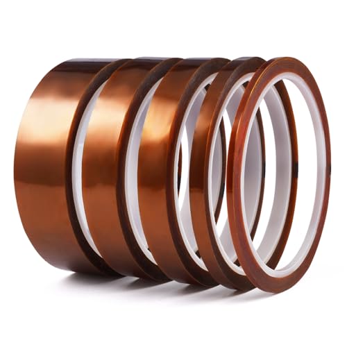 Vylro 5 Piezas Cinta Termica Sublimacion,3/6/8/12/25mm x 33m Alta Temperatura Cinta,Cintas de Alta Temperatura para Impresora 3D,para Soldar,Electricidad,Enmascarar,Soldar y Sublimación (Marrón)