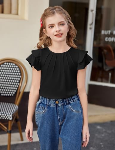Image of Arshiner Girls T Shirts Ruffle Short Sleeve Summer Pleated Crewneck Casual Tops Tees Blouses
