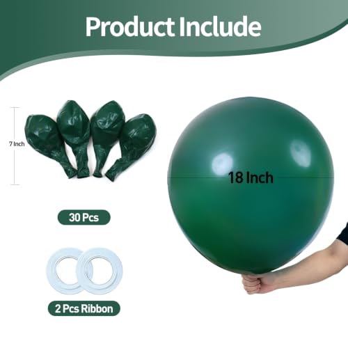 Image of KALOR 18 Inch Dark Green Large Latex Round Balloons 30-Pack