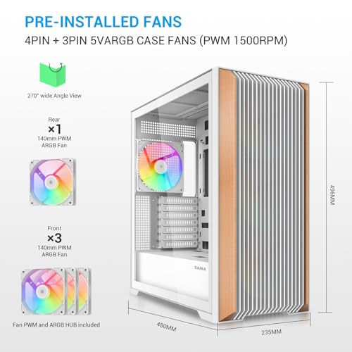 Image of SAMA Z60 Walnut Wood E-ATX Gaming PC Case, 4x140mm ARGB Fans, USB-C, White | Back-Connect Ready, 435mm GPU & Front 420mm Radiator Support, Premium Genuine Wood Design, High Performance Hardware Support