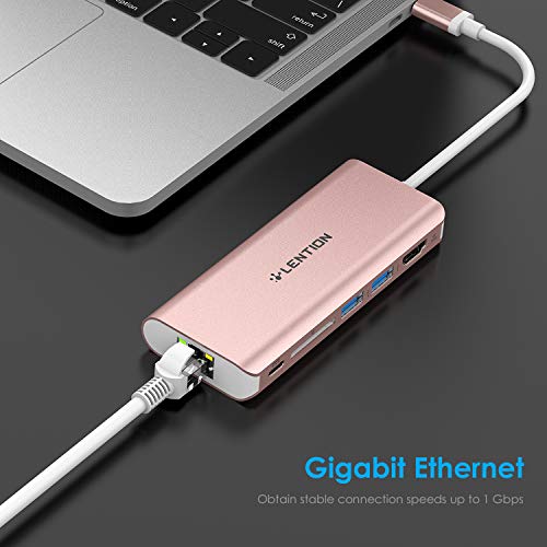 Image of LENTION USB-C Digital AV Multiport Hub with 4K HDMI, 2 USB 3.0, SD Card Reader, Type C Charging and Gigabit Ethernet Adapter for 2016 2017 MacBook Pro 13 15, MacBook 12, Dell XPS, More (Rose Gold)