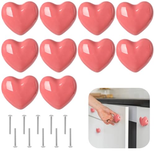 10 pomos de cerámica en forma de corazón con tornillos de 1 pulgada, perfectos para armarios, aparadores y armarios