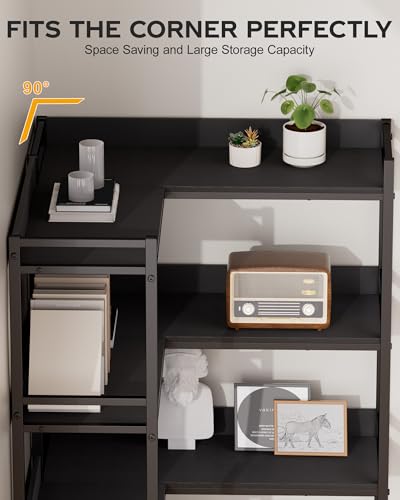 Image of Large 5-Tier Corner Bookshelf - Modern Tall Corner Shelf Storage Display Rack with Sturdy Metal Frame - Perfect for Living Room, Home Office, Books and Decor Display