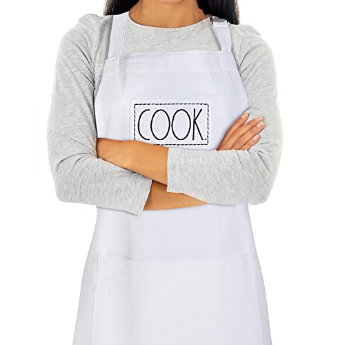 Rae Dunn Kitchen Apron for Adults, Adjustable Aprons for Cooking with Long Strap and Ties, Baking, BBQ, Machine Washable, Cotton Chambray Apron Embroidered COOK