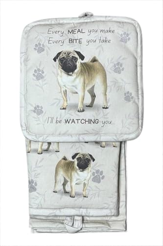 Pug 3-Piece Kitchen Set - Oven Mitt, Pot Holder & Kitchen Towel Set, Heat Resistant up to 420 F, Soft Quilted Cotton for Cooking, Baking, BBQ, Pet Lover Gifts (Pug)