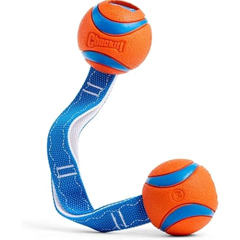 Chuckit! Ultra Duo Tug Dog Toy - Two Ultra Balls on a Durable Nylon Cord Handle - Fetch and Tug-of-War Toy for Dogs - Size Medium - For Breeds 20-60 lbs - 2.5-inch Diameter - Orange and Blue Cover