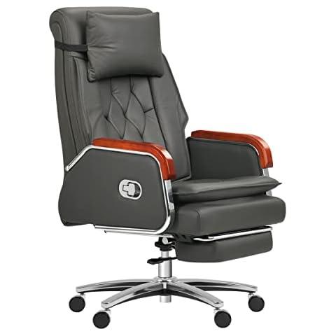 Kinnls Cameron Genuine Leather Massage Chair,Managerial Executive Office Chair Big and Tall Home Chair Fully Reclining with Pillow,Retractable Footrest and Adjustable Headrest (Cowhide Leather-Gray) Cover
