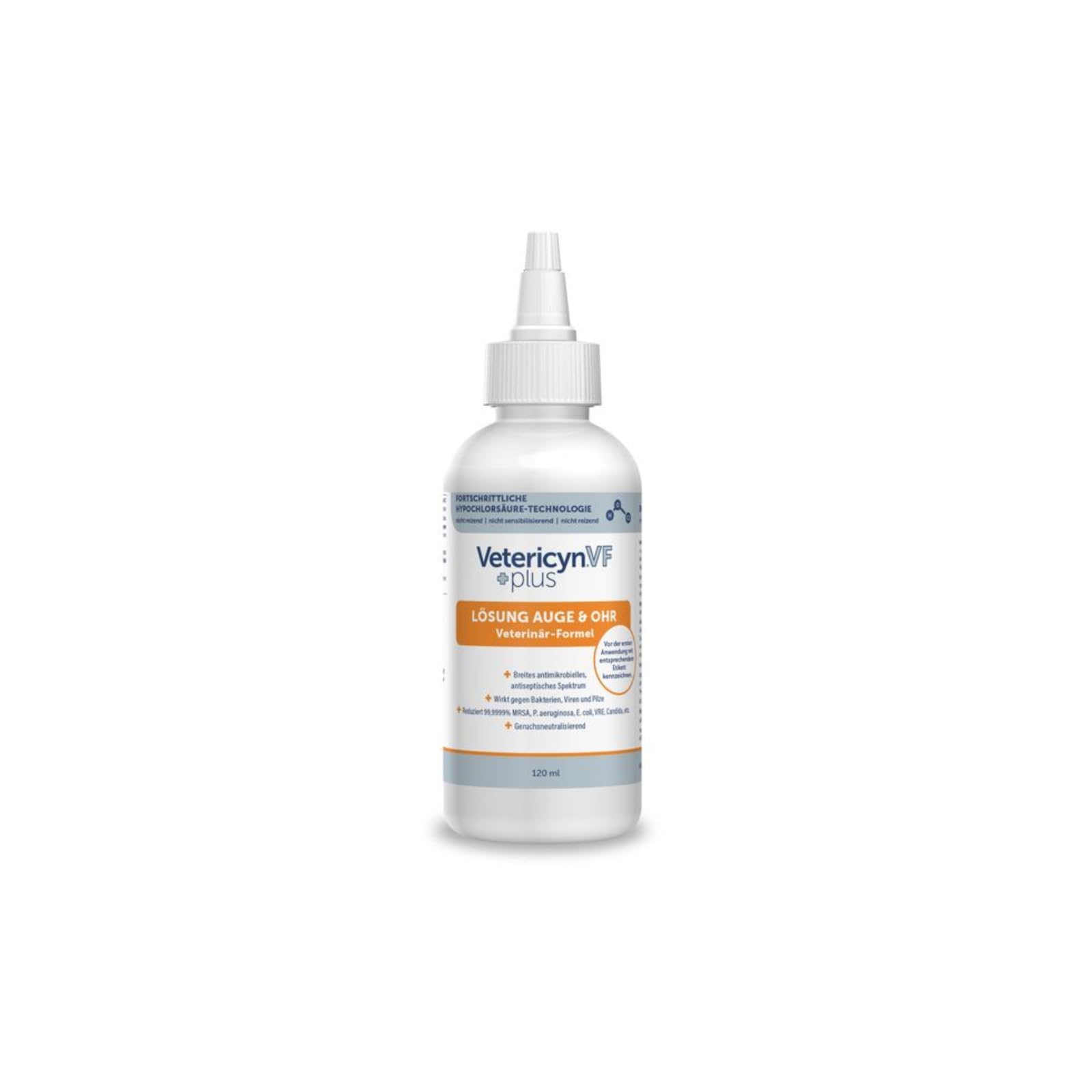 ecuphar Vetericyn VF +Plus | 120 ml | Augen- & Ohrenreiniger für alle Tiere | Enthält Weder Alkohol, Steroide noch Antibiotika | Zum Reinigen & Spülen von Haut & Schleimhaut