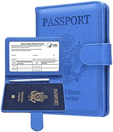 MCmolis Passport and Vaccine Card Holder Combo,RFID Blocking Leather Cover Case Travel Documents Organizer Protector With CDC Vaccination Card Slot and Magnetic Buckle-Fabric Blue