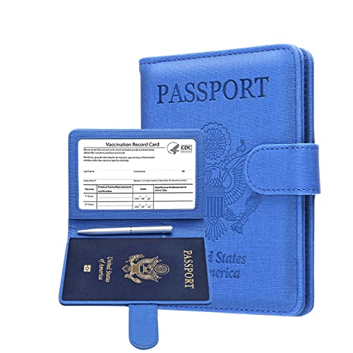Mcmolis Passport And Vaccine Card Holder Combo,Rfid Blocking Leather Cover Case Travel Documents Organizer Protector With Cdc Vaccination Card Slot And Magnetic Buckle-Fabric Blue #TOP3