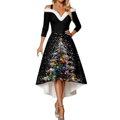 Generisch Weihnachtskleid Damen Weihnachtskleider Rockabilly Kleider 3/4 Arm Vintage Partykleid Kleid Festlich Mit Lustig Weihnachtsmotiv Abendkleider...
