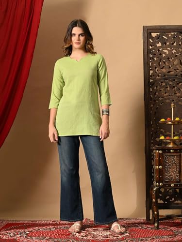 Image of Amazon Brand - Tavasya Women Pure Cotton Katha Plain Short Regular Fit Kurti |Short Top| Solid Casual Tunic