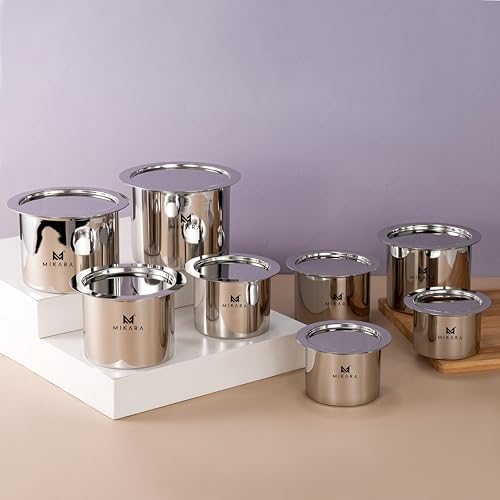 Image of MIKARA Flat Bottom Stainless Steel Top Set of 8 (325ml, 425ml, 525ml, 650ml, 750ml, 950ml, 1150ml & 1400ml), Induction Friendly, Mirror Finish, Includes 8 Topes