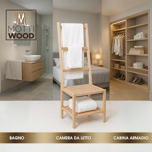 Miniatura 4 de Mottiwood Silla Toallero De Madera De Haya, 40 X 40,5 X 133 Cm De Altura, Para Colgar Toallas De Baño Y Dormitorio, Diseño De Hombre De Galón, Fabricado En Italia, Art.723
