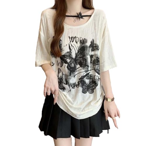 Emo-Grunge-Shirt Damen-T-Shirts Grafik-Baby-Y2K-Oberteile Alternative Kleidung Fake-Zweiteiler Kurzarm-Vintage-T-Shirts