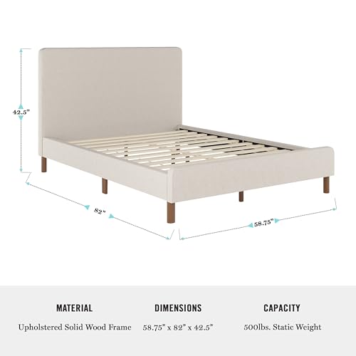 Image of Martha Stewart Britta Platform Bed with Headboard & Footboard, Faux Linen Upholstery with Piping Detail, Rounded Headboard, No Box Spring Needed, Full, Beige