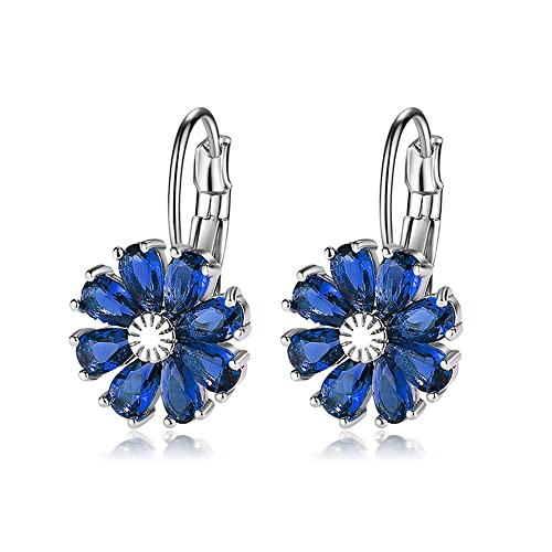 CZ Wedding Daisy Flower Earrings for Women Girls Silver Plated Cubic Zirconia Cute Sunflower Dangle Small Hoop Lever Back Huggie Hoops Earring Nickel Free Birthday Party Vacation Jewelry Gifts (Blue)
