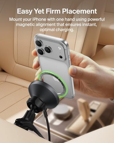 Image of Belkin Wireless Car Charger, Magnetic Car Vent Mount w / 3.3ft USB C Cable, Qi2 MagSafe Compatible Fast Charging iPhone Charger for iPhone 17, Galaxy S26, Pixel 10, & More - Travel Accessories - Black
