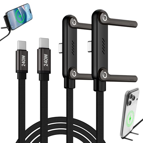 Konstreet 2-in-1 Invisible Stand Fast Charging Cable 240W Type-C Braided Fast Charging Cable Built-in Phone Stand 2 in 1 Phone Holder Cable for Suitable for Gaming Office and Travel Black 2Pack