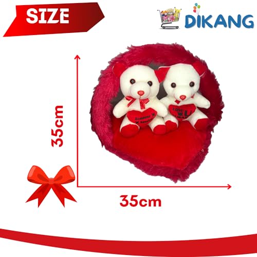 Image of DIKANG Couple Teddy Bear Bouquet with Heart for Valentine's Day Gift | Valentine Gift for Boyfriend /Girlfriend /Husband /Wife - 35cm (Off- White & Red)