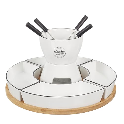COOK CONCEPT - KA4602 Coffret à Fondue avec Support en Bambou et Coupelles - Conçu pour Repas Conviviaux - Dimensions 19 x 30 x 30 cm - Couleur Blanche