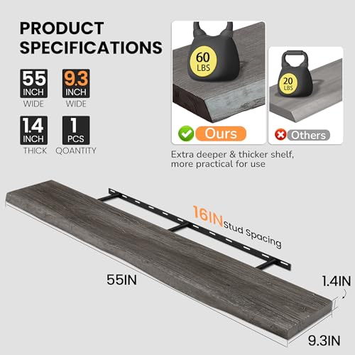 Image of Floating Shelves for Wall, 55 inchx9.3 inch Rustic Solid Live-Edge Elm Wood Wall Shelves, Heavy-Duty Floating Shelves with Invisible Brackets, Set of 2 for Living Room, Bedroom, and Kitchen, Grey Finish
