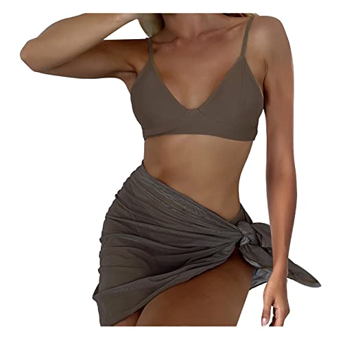 Falda Traje de mujer Color sólido con malla sexy Pullover traje de baño dividido de tres piezas trajes de baño Tankinis conjunto niñas Cheetah traje de baño, marrón, L Cover