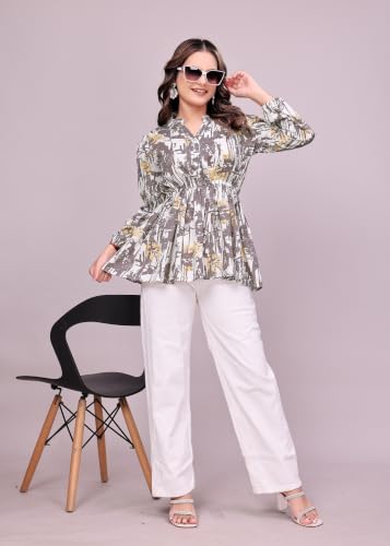 Image of NEW Women's Stylish Brown Polka Dot Crepe Fabric Tunic Top | Full Sleeves Collared Neck Peplum | Flared Fit Trendy Ladies Top
