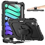 Timecity Case for iPad mini 7 (A17 Pro) 8.3 inch 2024, for iPad mini 6, Protective Case with Screen Protector, Pencil Holder, Rotating Stand & Handle Strap for iPad mini 7th/6th Generation - Black