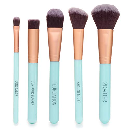 Nicole Miller Makeup Brush Collection, 5 Piece Makeup Brush Gift Set, Powder Brush, Foundation Brush, Concealer Brush, Angled Blush Brush and Contour Buffer (Green)