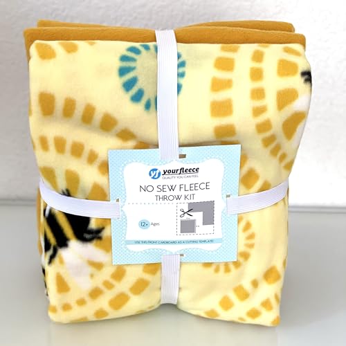 YourFleece Circles of Bees No-Sew Throw Fleece Fabric DIY Blanket Making Kit, Make Your Own, Anti-Pill, 50x60 inches