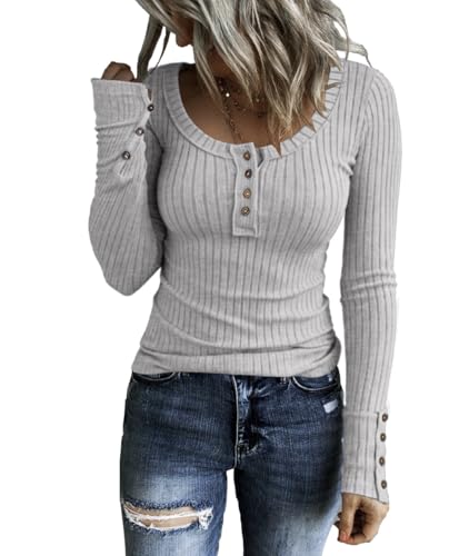 Image of KINLONSAIR Women's Long Sleeve Henley T Shirts Button Down Slim Fit Tops Scoop Neck Ribbed Knit Shirts