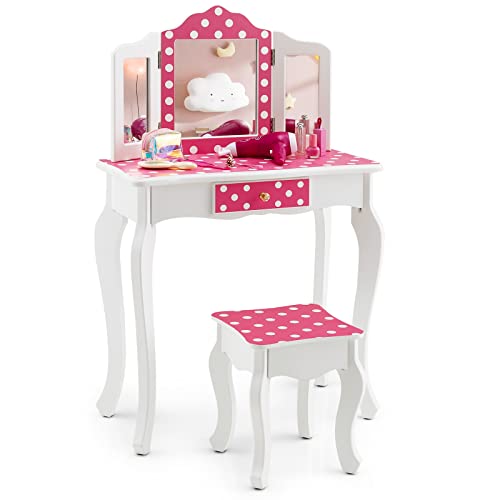 HONEY JOY Kids Vanity Table & Stool Set, Makeup Dressing Table w/Cute Polka Dot Print, 2 in 1 Vanity Table Writing Desk w/Tri-Folding Mirror & Drawer, Little Princess Pretend Play Vanity Set