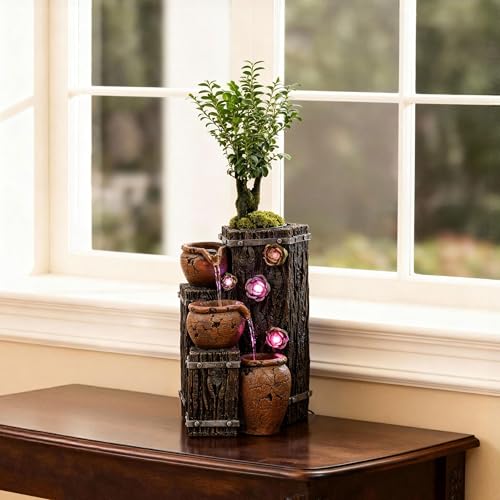 MAOCHI Water Fountain with LED Lights, Woodgrain Desk Decor