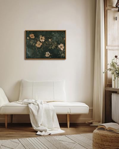 Image of KISSFOX Vintage Dark Green Flowers Framed Wall Art Moody Botanical Floral Canvas Art Summer Rustic Country Paintings Art Prints Modern Farmhouse Pictures Wall Decor For Kitchen Bedroom Girls Room