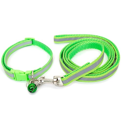 Small Dog Puppy Pet Collar and Lead Set Reflective Hi-Vis Strip Nylon Adjustable Size 19-32cm Collar with Bell and 120cm Leash Lime Green - Image 2