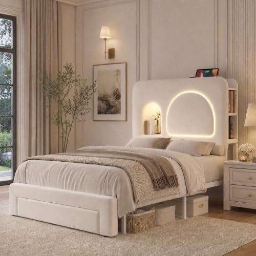 Image of Twin Bed Frame for Girls with Storage Headboard & Charging Station, Beige