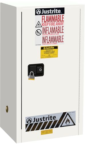 Justrite 15 Gallon Self Close Countertop Flammable Storage Cabinet, 18 Gauge Steel, 1 Shelf, 1 Door Fire Cabinet, 44" x 23" x 18", Made in The USA, White, 891525