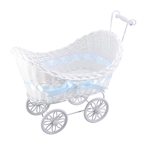 PRETYZOOM 1pc Cane Tricycles Rattan Stroller Ornament Flower Basket for Home Wedding Shower Birthday Decor Blue Knitted Craft Present