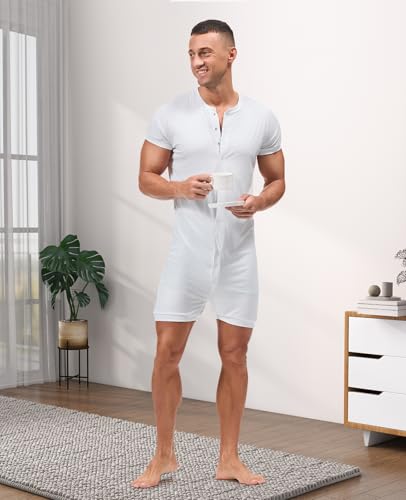 HEAVYWOOD Mens Romper Short Sleeve Onesie Jumpsuit Pajamas Henley Stretchy Silk One Piece Garment Sleepwear4