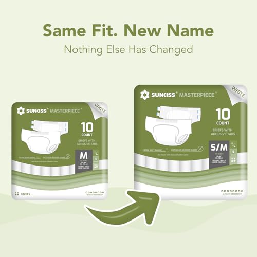 Image of SUNKISS Masterpiece Adult Diapers with Tabs, Unisex Disposable Incontinence Briefs for Women and Men, Odor Control, White, Small /Medium, Previously Medium, 10 Count (Pack of 2)