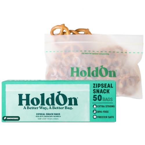 HoldOn Compostable Zip Lock Snack Bags 50 Bags - Leak Proof Resealable Snack Size Food Storage Bags for Kitchen Meal Prep Travel & On-The-Go Kids Snacks - BPA-Free BPI Certified